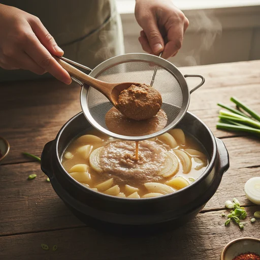 된장 풀기 및 재료 넣기